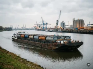 Binnenvaartschip met chemische tankcontainers vaart door een Nederlands rivierkanaal met industriële haven op de achtergrond.